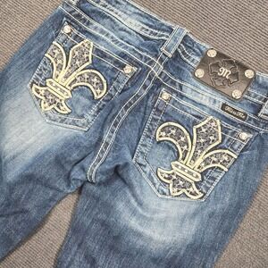 Miss Me Bootcut Jeans Women 27 Blue Fleur De Lis Embellished Y2K
